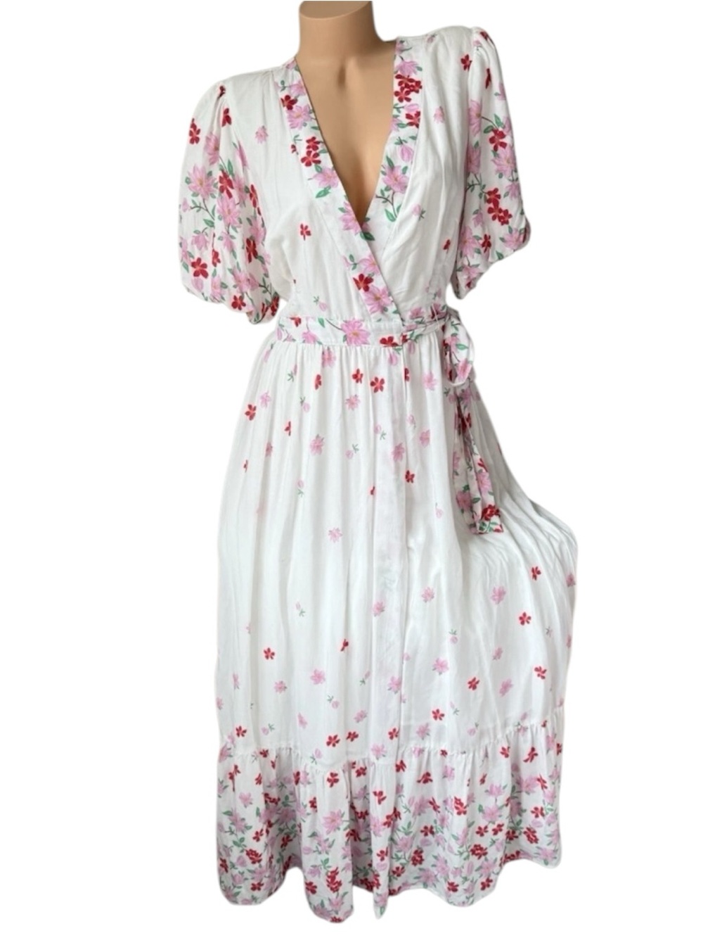 Draper James White Wrap Dress Pink & Red Floral, M